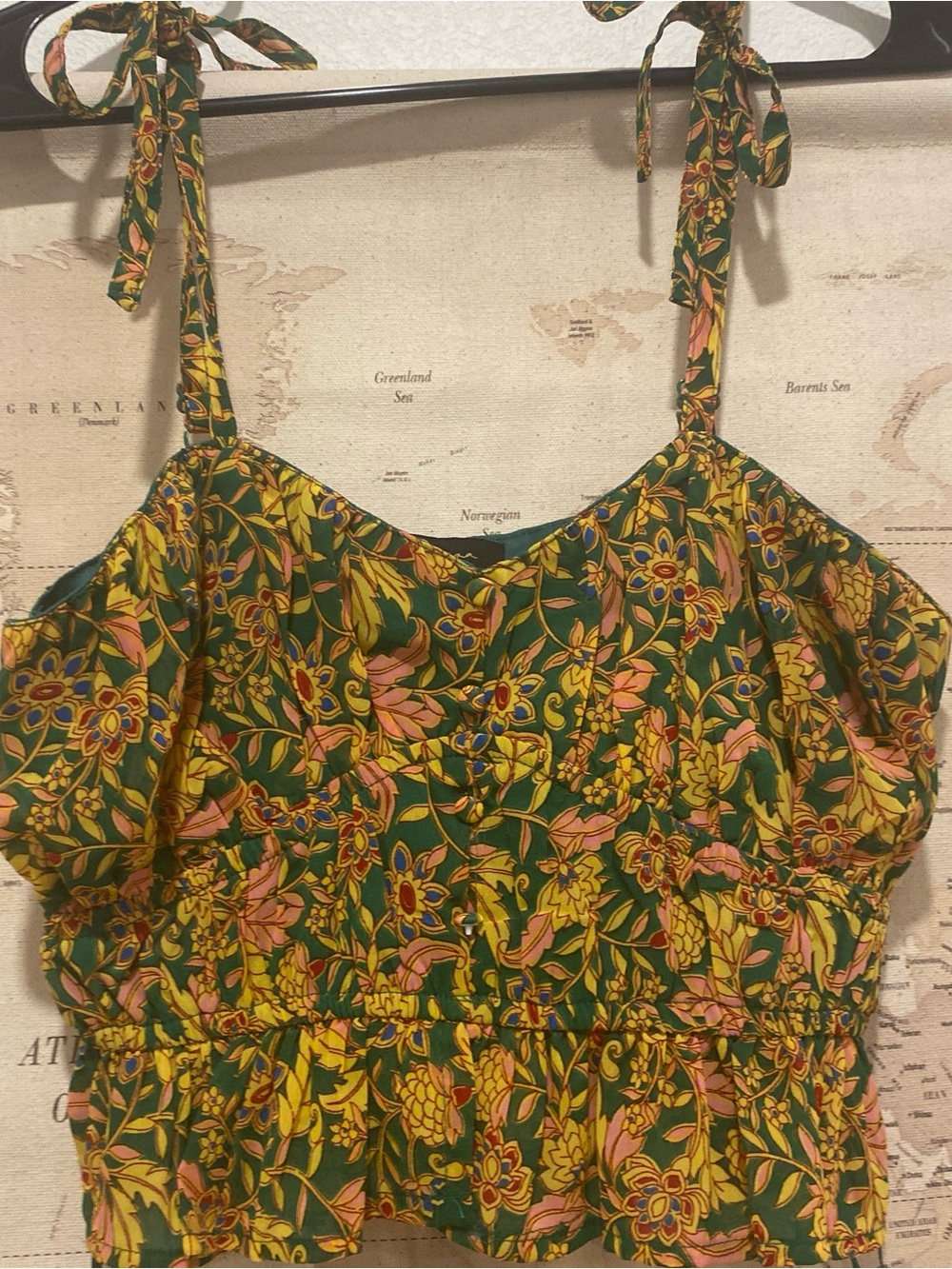 Japna Green Floral Tie-Shoulder Camisole with Yellow & Pink Accents